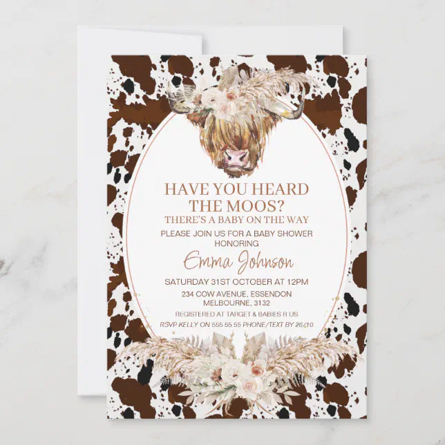 Boho Floral Highland Cow Cowhide Baby Shower Invitation 