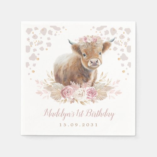 Boho Floral Highland Cow Girl 1st Birthday Napkins