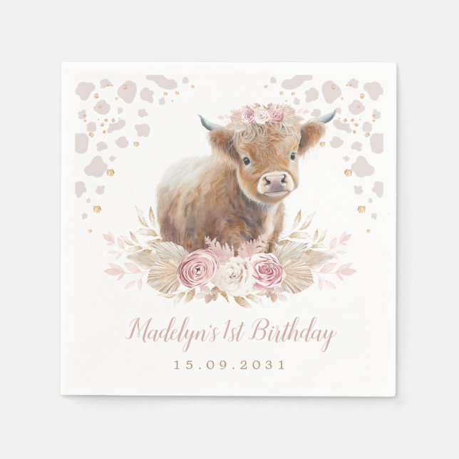 Boho Floral Highland Cow Girl 1st Birthday Napkins (Front)