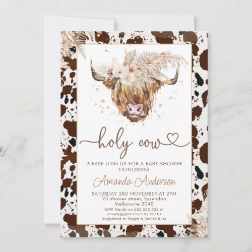 Boho Floral Highland Cow Heart Text Baby Shower Invitation