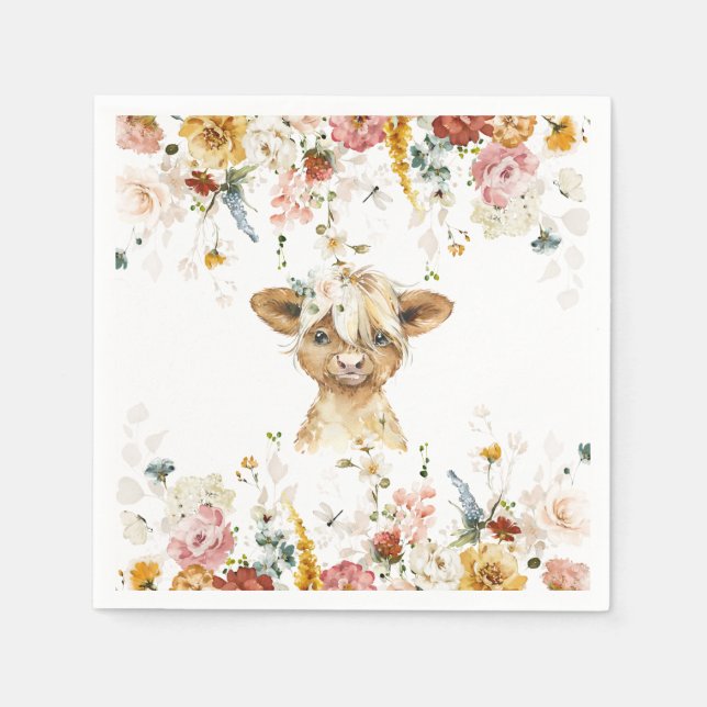 Boho Floral Highland Cow  Napkins (Front)