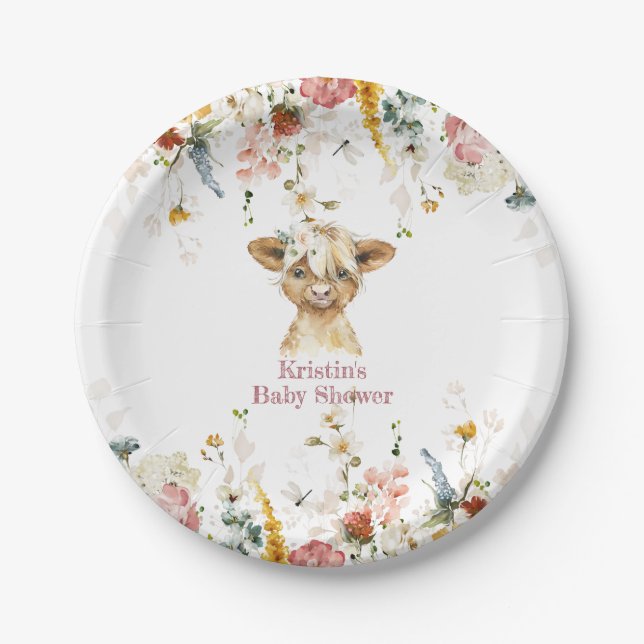 Boho Floral Highland Cow  Paper Plates (Front)