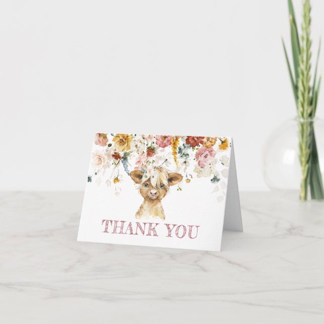 Boho Floral Highland Cow Thank You Card (Front)