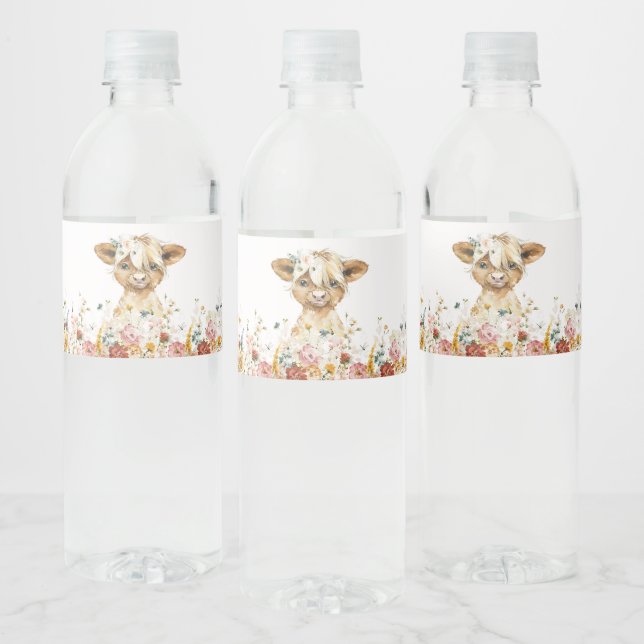 Boho Floral Highland Cow  Water Bottle Label (Bottles)