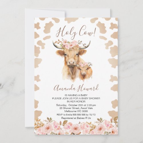 Boho Floral Highland Holy Cow Baby Shower Invitation
