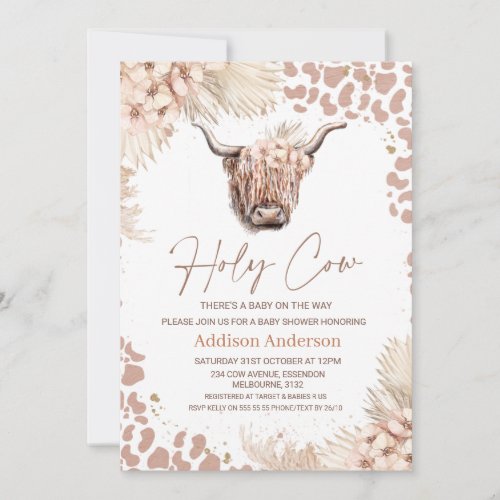 Boho Floral Holy Cow Highland Cow Baby Shower  Invitation