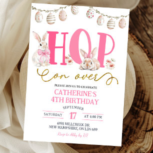 Boho Floral Hop on over Bunny Birthday Invitation