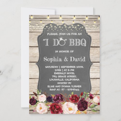 Boho Floral I DO BBQ Chalkboard Barn Engagement Invitation