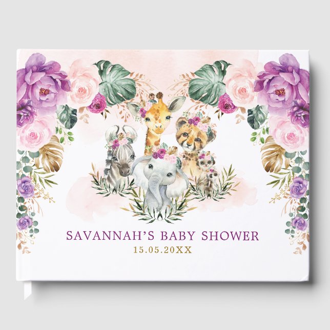 Boho Floral Jungle Safari Wild Animals Baby Girl Guest Book (Front)