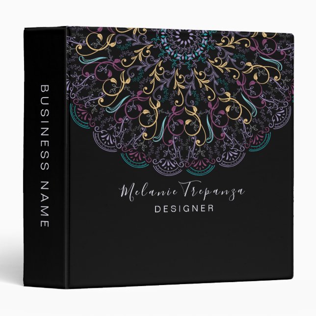 Boho floral lacey mandala black customize 3 ring binder (Front/Spine)