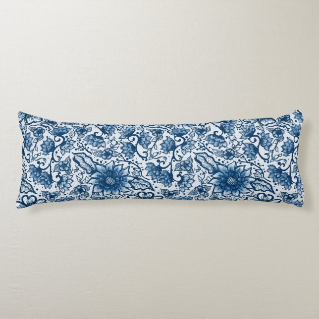 Boho Floral | Large Flowers | Classic Blue Body Pillow (Front)