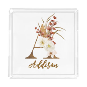 Boho Floral letter A Monogram Wedding Favor Acrylic Tray