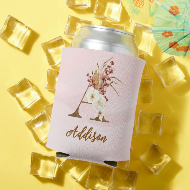 Boho Floral letter A Monogram Wedding Favor Can Cooler (In Situ Summer)