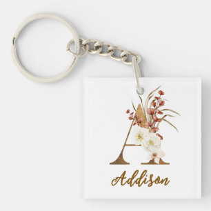 Boho Floral letter A Monogram Wedding Favor Keychain