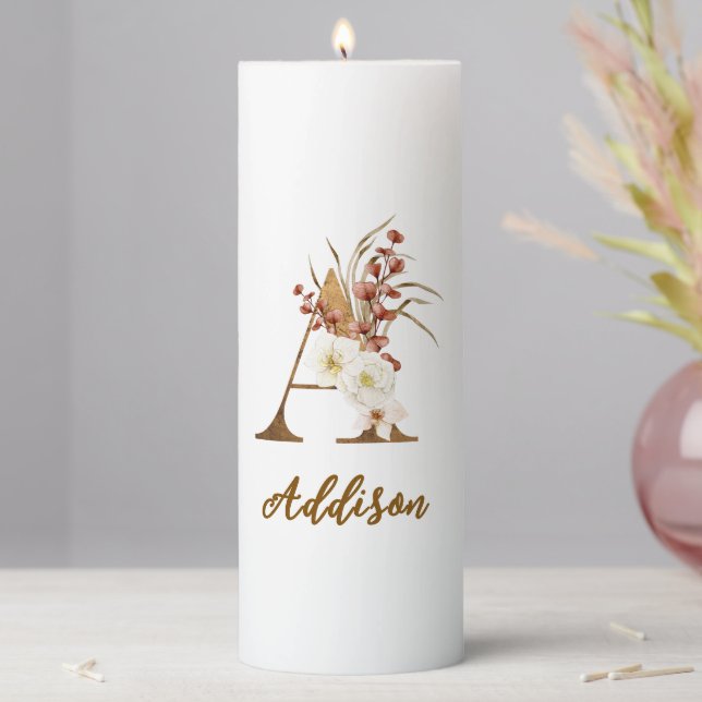 Boho Floral letter A Monogram Wedding Favor Pillar Candle (In Situ)