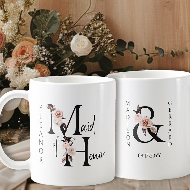 Boho Floral Letter Maid of Honor Coffee Mug (Bridal party gift to personalize for your Maid of Honor)