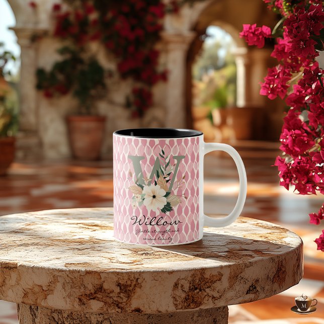 Boho Floral Letter W Mug with Personalized Name (Creator Uploaded)