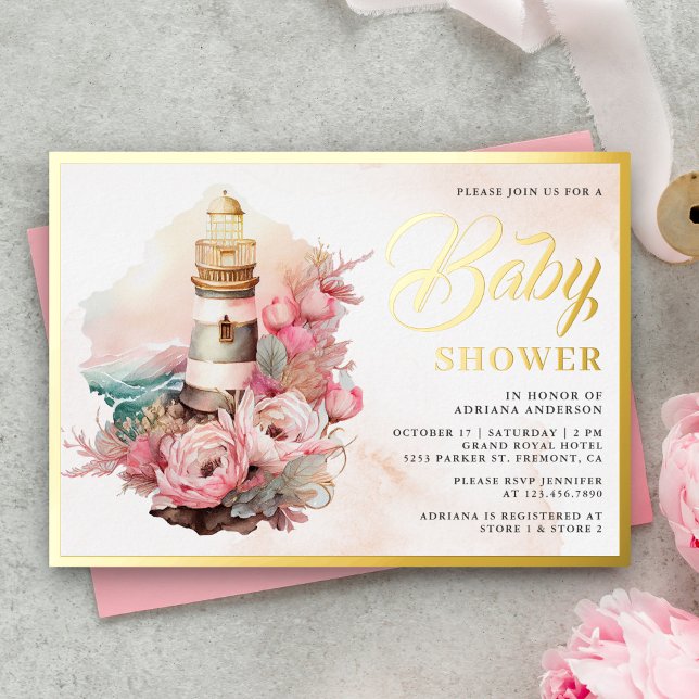 Boho Floral Lighthouse Nautical Baby Shower Gold   Foil Invitation (Creator Uploaded)