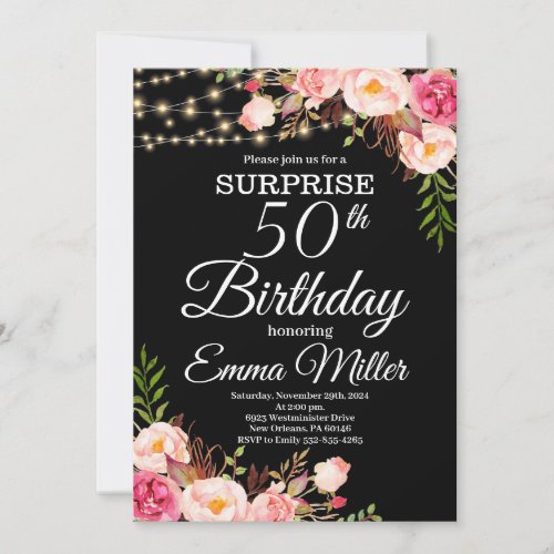 Boho Floral  Lights Surprise 50th Birthday Invitation