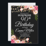 Boho Floral & Lights Surprise 90th Birthday Invitation<br><div class="desc">Boho Floral & Lights Surprise 90th Birthday Invitation. This design features pretty painted, watercolor boho floral on a rustic wood background accented with string lights. Click the customize button for more flexibility in modifying the text or moving the graphics. Contact us if you need this design applied to a specific...</div>