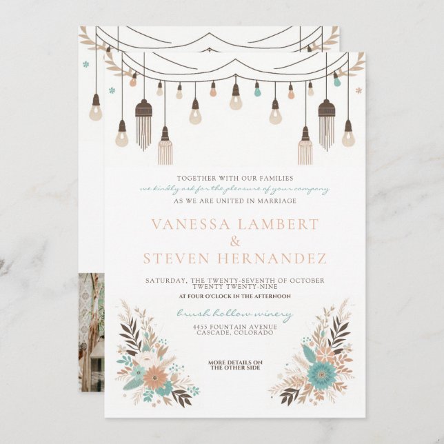 Boho Floral Lights Wedding Invitation (Front/Back)