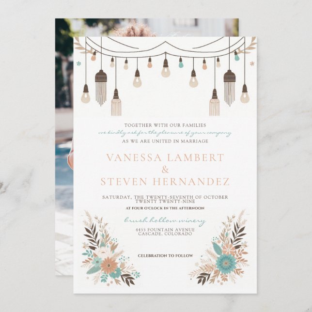 Boho Floral Lights Wedding Invitation (Front/Back)