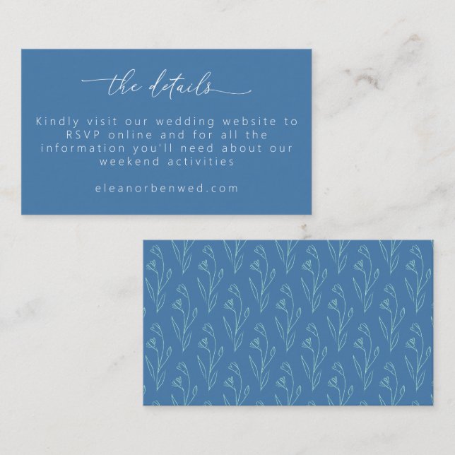 Boho Floral Line Art Blue Script Wedding RSVP Enclosure Card (Front/Back)