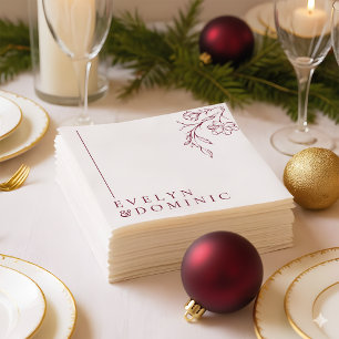 Boho Floral Line Art Burgundy Wedding Party Napkins