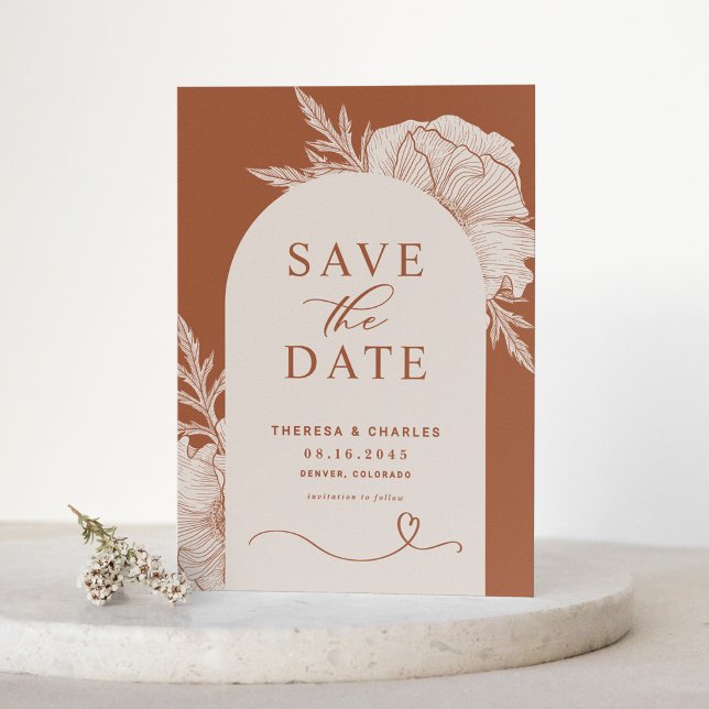 Boho Floral Line Art Terracotta Arch Save The Date (Creator Uploaded)