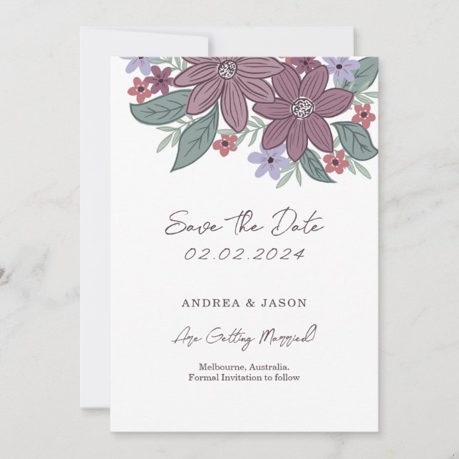 Boho floral, line hand drawn flower save the date (Front)