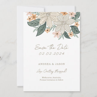 Boho floral, line hand drawn flower save the date
