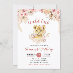Boho Floral Lion Cub Wild One Birthday Invitation