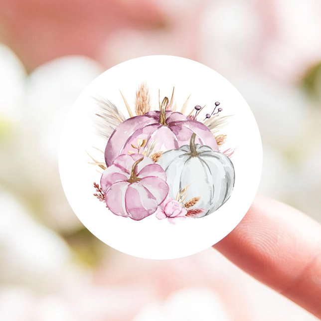 Boho Floral Little Pink Pumpkins Baby Shower Classic Round Sticker (Creator Uploaded)