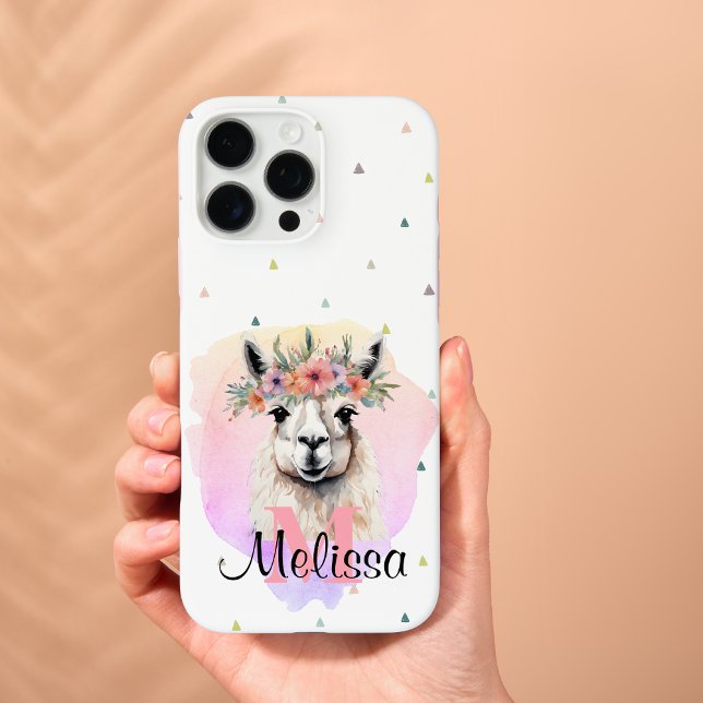 Boho Floral Llama Wildflowers Monogram Pretty Case-Mate iPhone Case (Sweet Llama Wildflowers Monogram Pink iPhone Case)