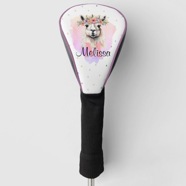 Boho Floral Llama Wildflowers Monogram Pretty Golf Head Cover (Front)