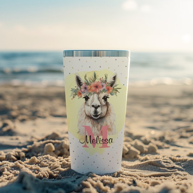 Boho Floral Llama Wildflowers Monogram Pretty Insulated Tumbler (Llama wildflower sweet monogram travel cup, for the beach or work it makes a great gift)
