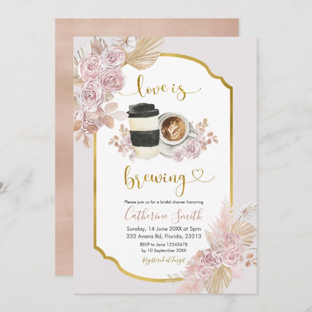 Boho Floral Love is Brewing Coffee Invitation (Front/Back)