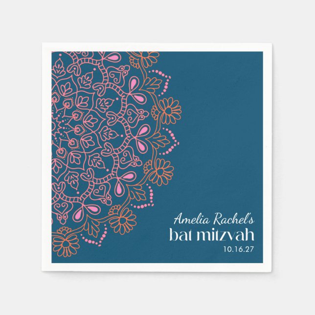 Boho Floral Mandala Teal Blue Bat Mitzvah Custom  Napkins (Front)