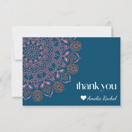 Boho Floral Mandala Teal Blue Bat Mitzvah Custom Thank You Card