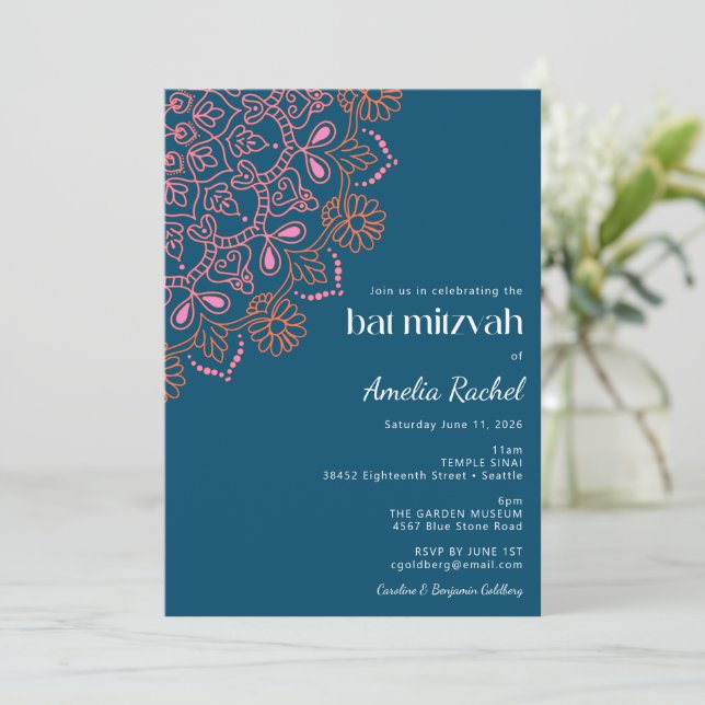 Boho Floral Mandala Teal Blue Bat Mitzvah Invitation (Standing Front)