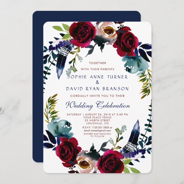 Boho Floral Marsala Navy Blue Wedding Invite (Front/Back)