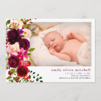 Boho Floral | Marsala Photo Birth Announcement