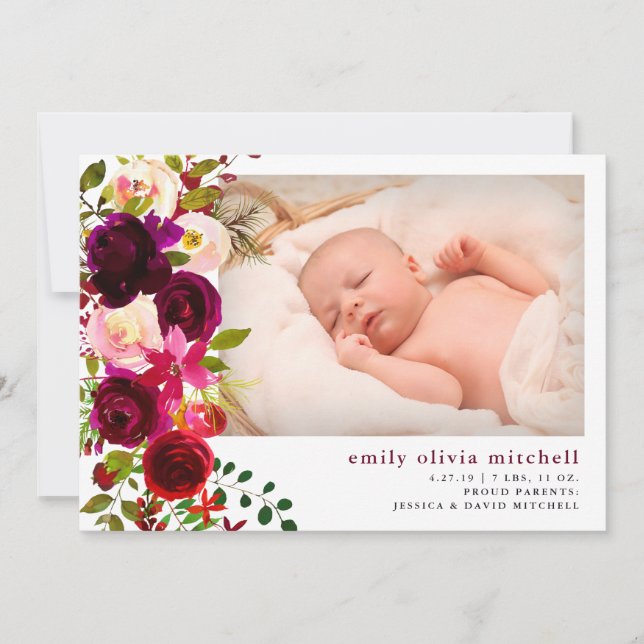 Boho Floral | Marsala Photo Birth Announcement (Front)