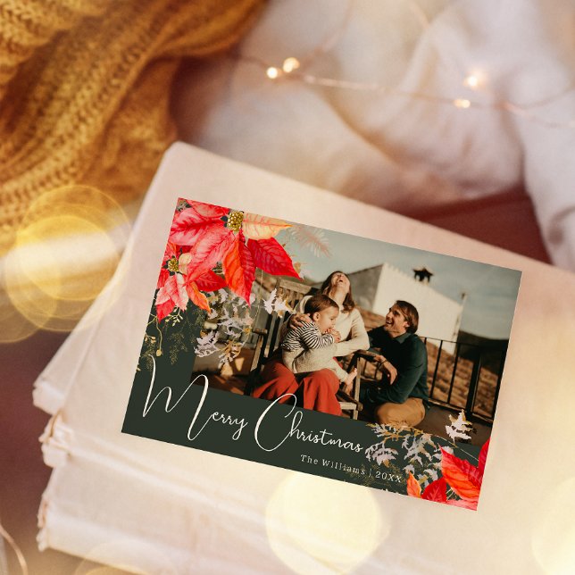 Boho Floral Merry Christmas Two Photo Holiday Card (Creator Uploaded)