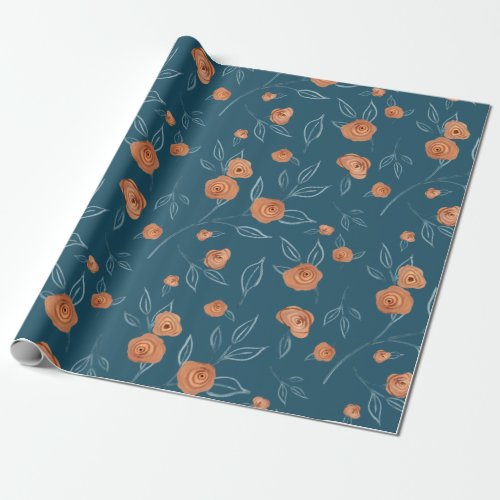 BOHO Floral Modern Watercolor Terracotta Teal Blue Wrapping Paper