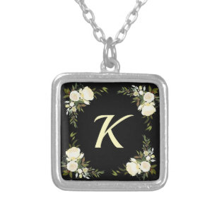Boho Floral Monogram Bridesmaid Gift Silver Plated Necklace