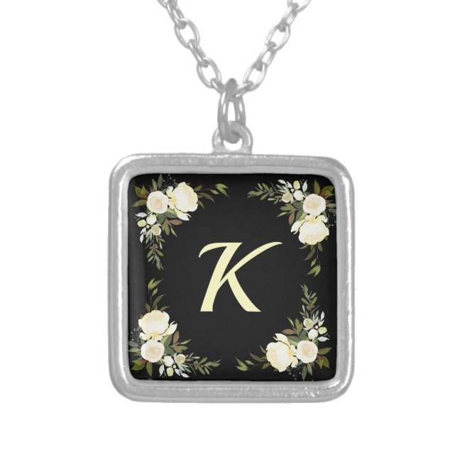 Boho Floral Monogram Bridesmaid Gift Silver Plated Necklace (Front)