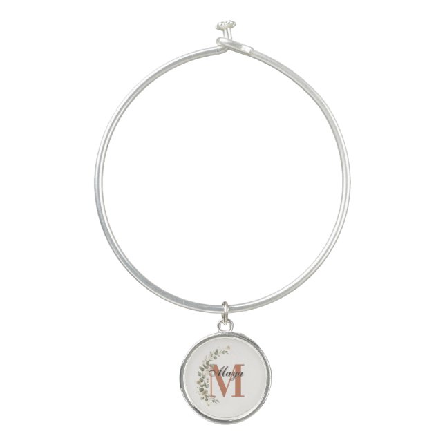 Boho Floral Monogram Personalized Bangle Bracelet (Front)