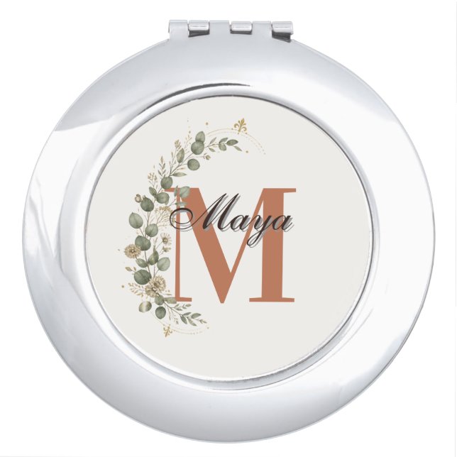 Boho Floral Monogram Personalized Compact Mirror (Front)