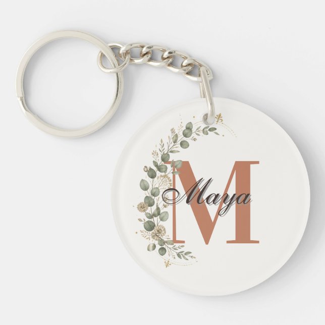 Boho Floral Monogram Personalized Keychain (Front)